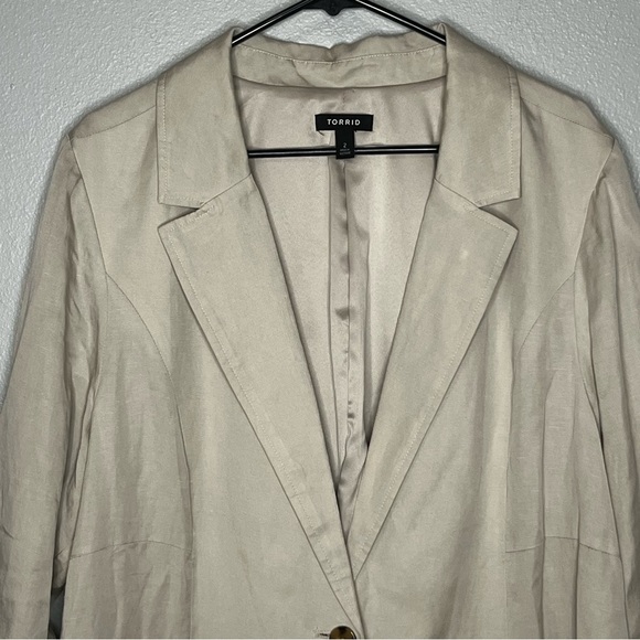 Torrid Blazer Lyocell Linen Blend Jacket Women 2 Beige Lines Collared 3/4 Sleeve - Picture 2 of 6
